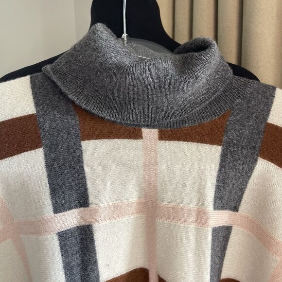 NAADAM Women's Soft Plaid Jacquard Poncho Cream Brown Pink 100% Cashmere - Picture 5 of 9